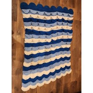 Heavy Crochet Afghan Blanket Lap Granny Striped Blue White Ruffles 38" x 59"